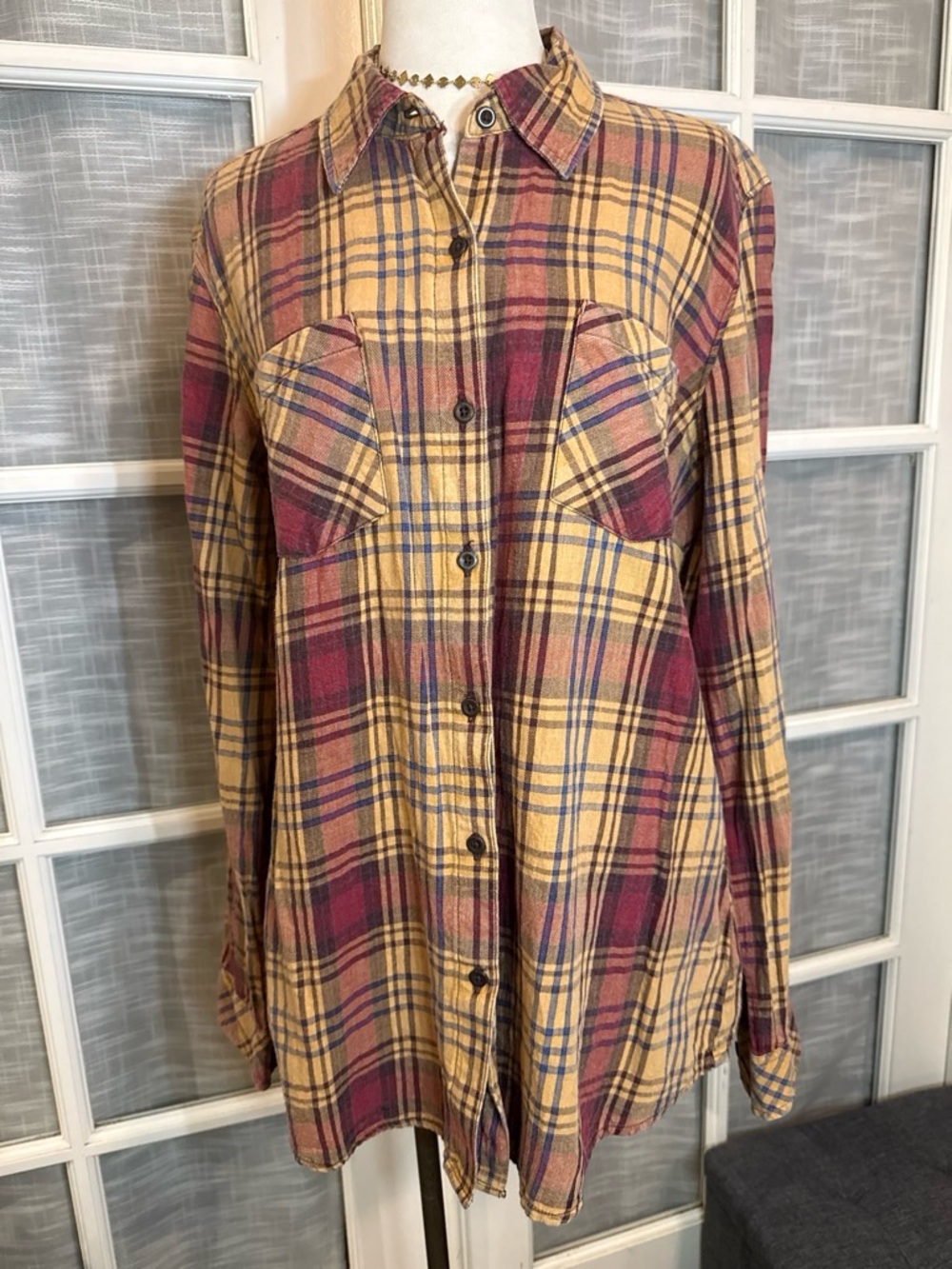 Natural Reflections Mustard Plaid Shirt with Burgundy and Navy Stripes